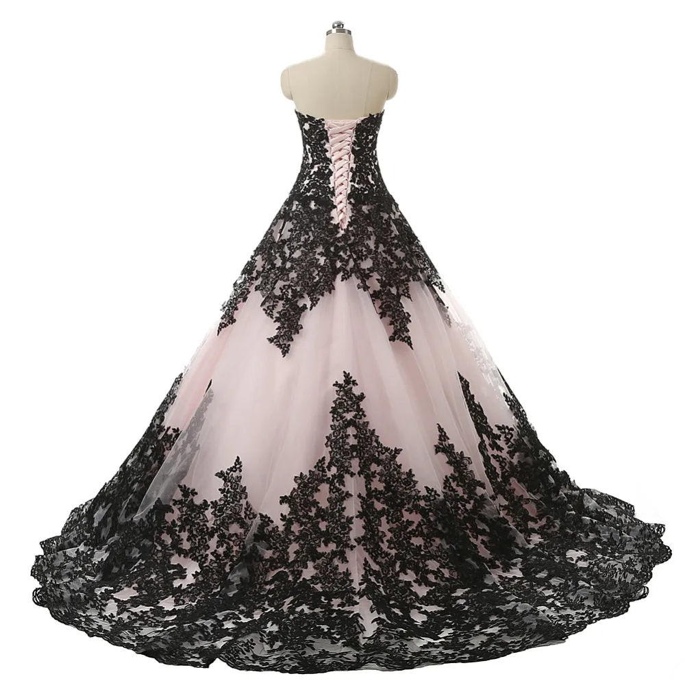 Blush Pink Black Gothic Ball Gown Abiti da sposa Sweetheart Appliques in pizzo Abiti da sposa vintage Non bianchi da sposa Colorful319Z