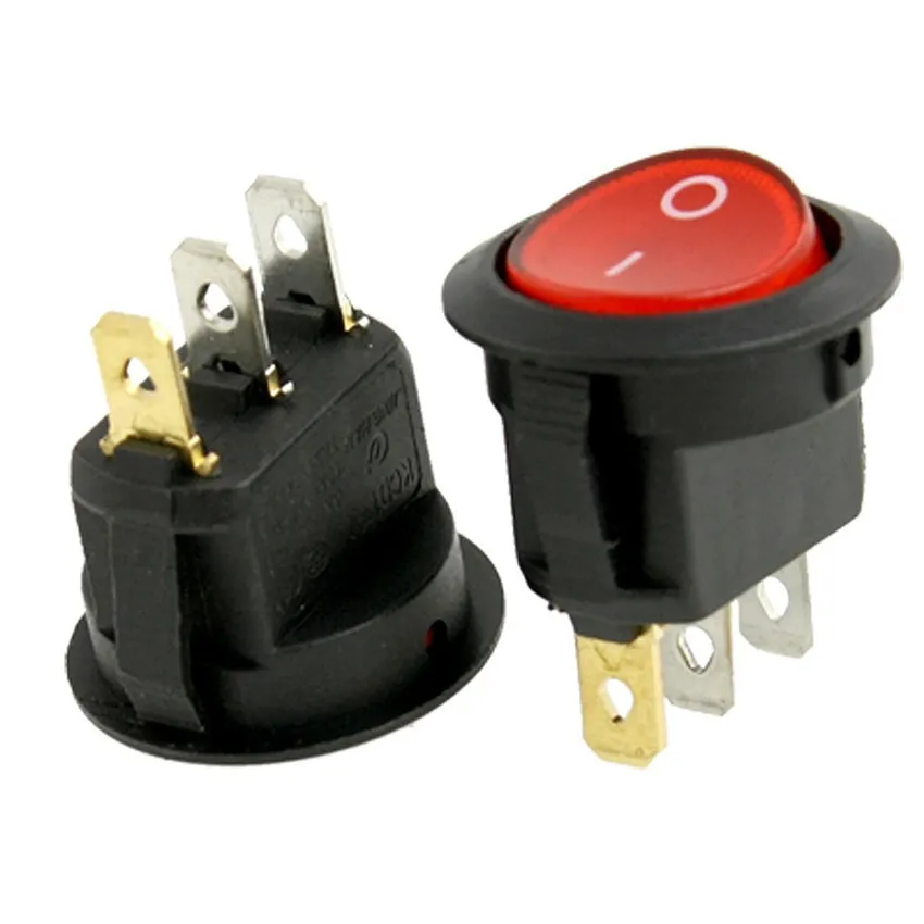 SPST Round Button Rocker Switch Red Green Light Lamp Illuminated 2 Position 3 Terminal ON-OFF l/O 6A/250V 10A/125V AC
