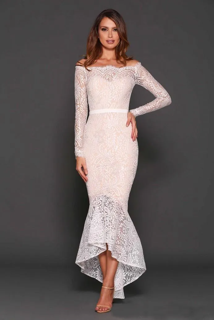 Sexy 2016 Latest White Lace Off Shoulder Tea Length Cocktail Dresses Vintage Long Sleeve High Low Mermaid Party Formal Gowns EN7082