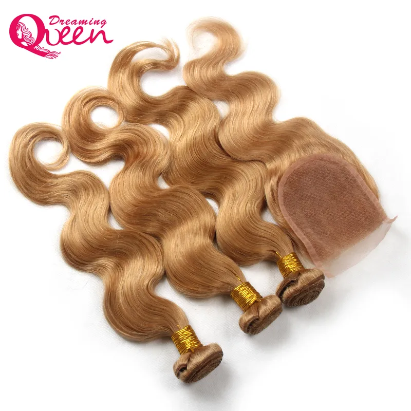 Brazylijskie pakiety ludzkich włosów z koronkowym zamknięciem 27 Miod Blond Virgin Hair Wefts z koronkowymi zamkniętymi węzłami Body Blond8618761