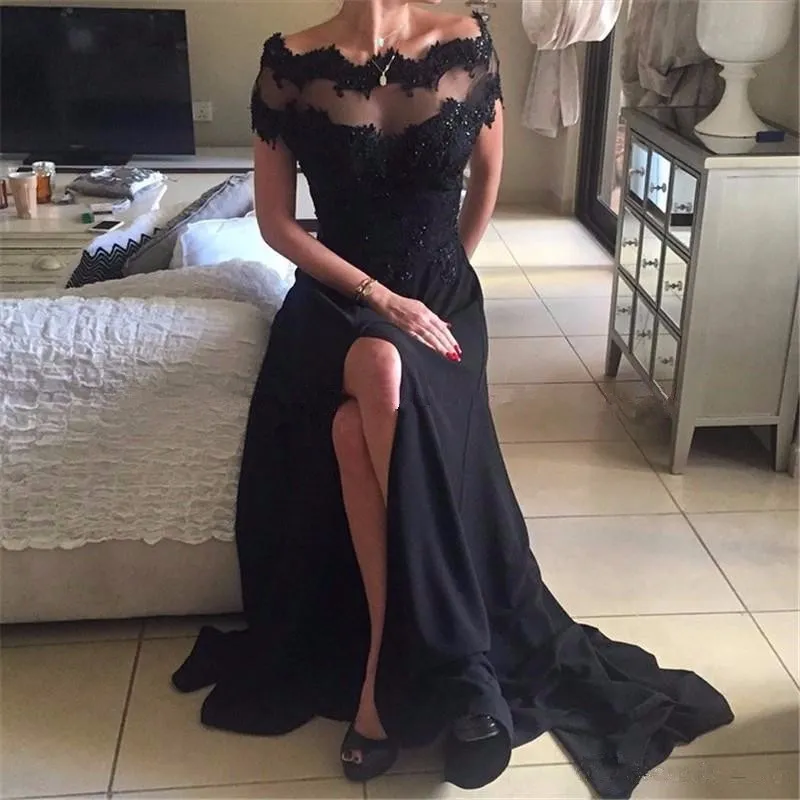 Newest Black Chiffon Prom Dress Lace Beaded Cap Sleeve Sexy Boat Neck High Slit Long Evening Gown Women Prom Party Dresses
