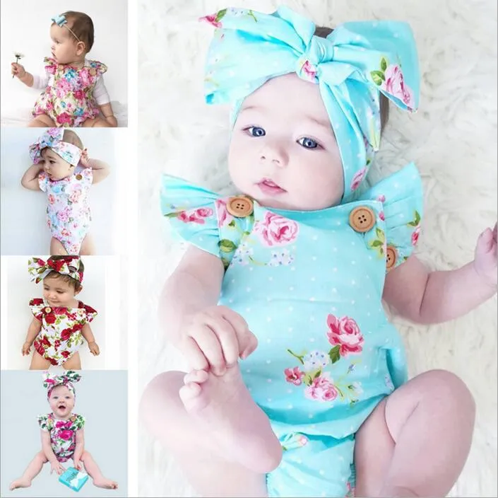 Baby kläder ins blomma romer huvudband flickor blommig print jumpsuits hårband spädbarn sommar overalls toddler mode bodysuits onesies b2878