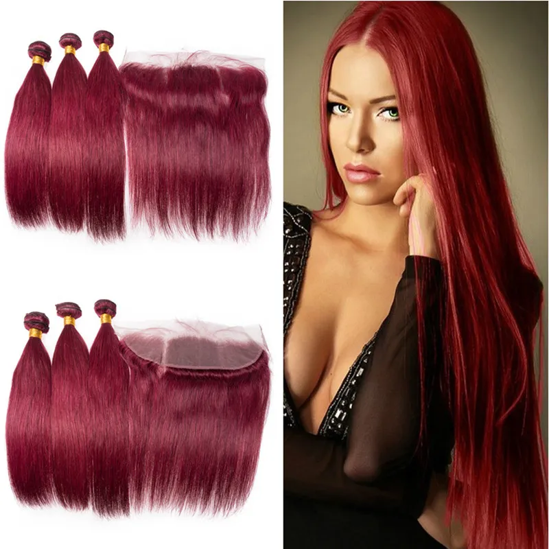 Brasiliansk vin röd silkeslen rakt mänskligt hår 3bundles med frontal 13x4 Burgundy 99J Virgin Hair Extensions med topp frontlin