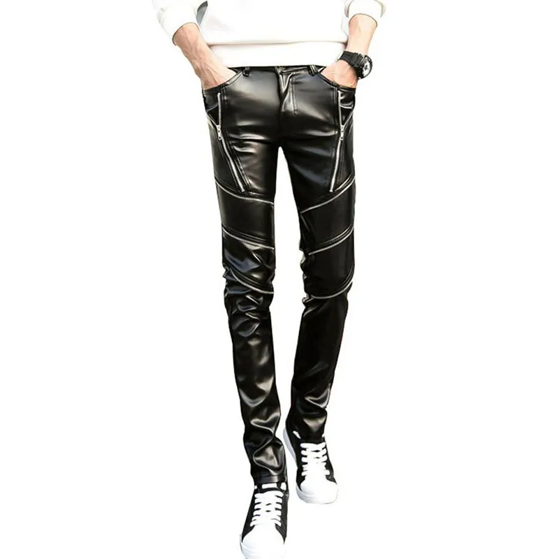 Wholesale-DJ Swag Skinny Mens Faux Leather PU Tight Black Joggers Biker Pants For Men Boys With Zippers