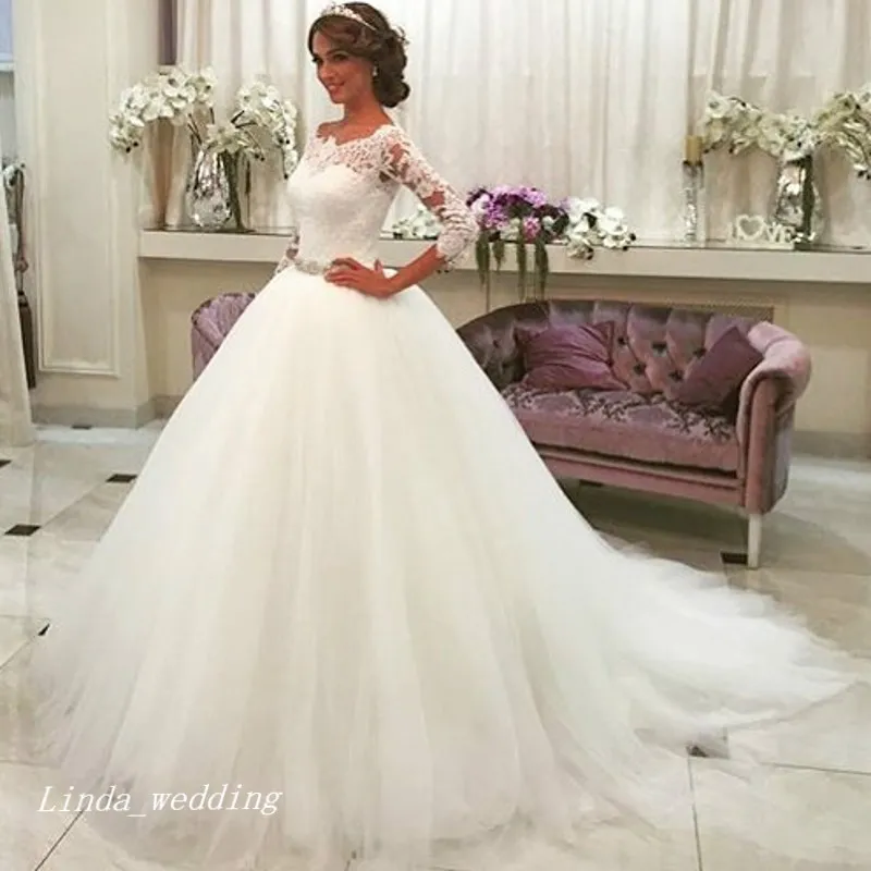 Nieuwe Collectie Romantische Wit Trouwjurken Baljurk Tule Lace Long Dream Princess Bridal Party Jurken Plus Size