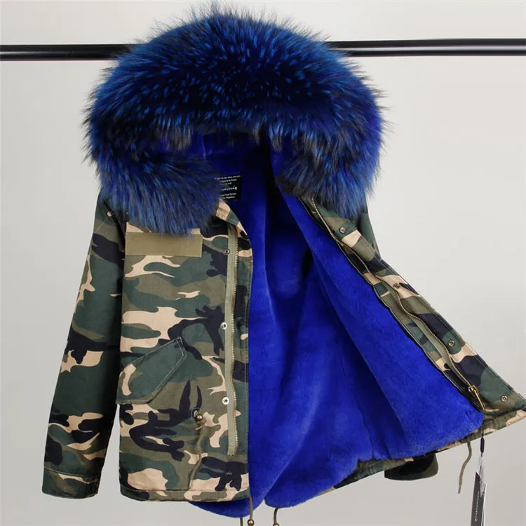 Women's winter warm real raccoon fur collar hooded faux fur liner thickening camouflage military print short parka coat plus size casacos