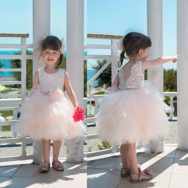 Cute Lace Ball Gown Flower Girl Dresses Knee Length Baby Gowns With Sash Tiered Cupcake Pageant Dress