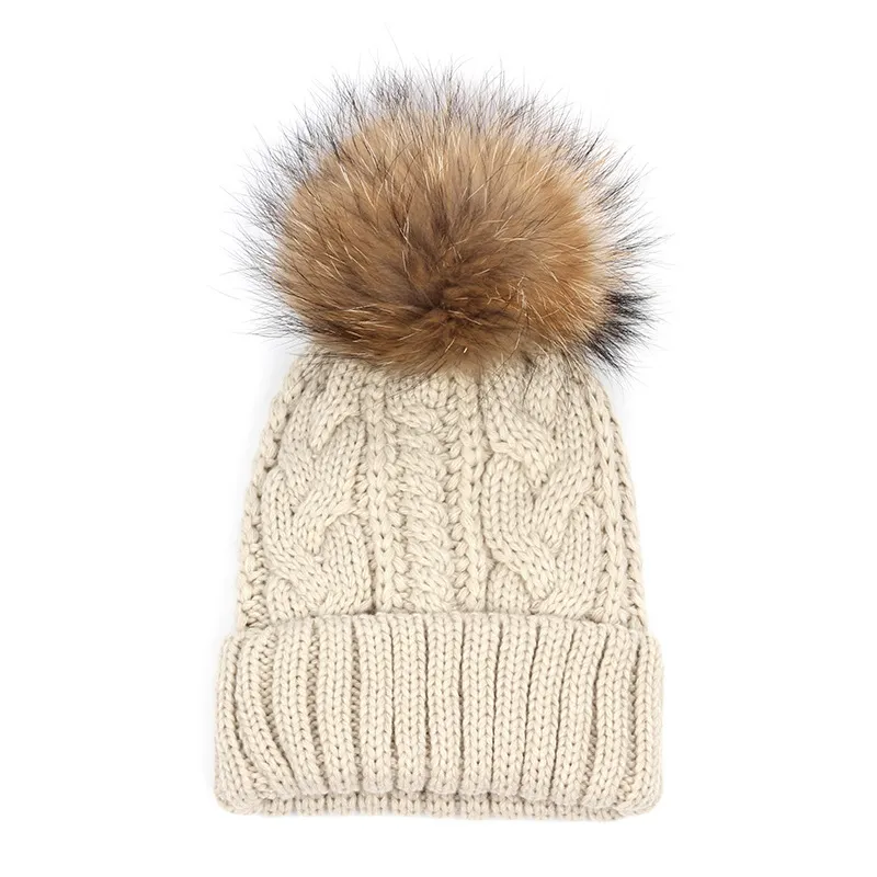Winter Double twist Beanie Knitted Big Raccoon Fur Pom Poms Hat Women Cap Headgear Headdress Head Warmer Top Quality