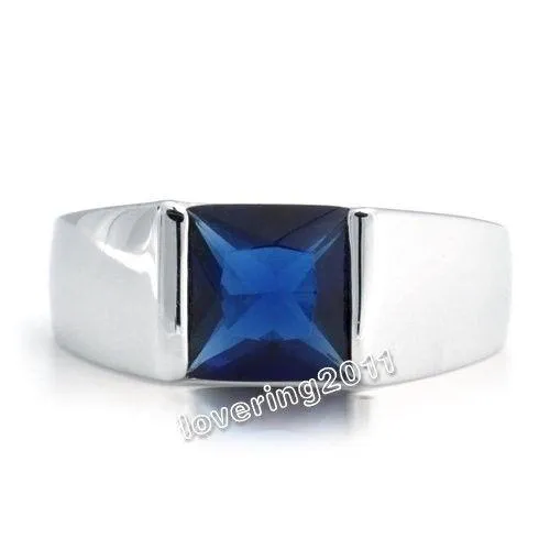 Envío gratis 100% a estrenar Tamaño 8-12 Joyería Anillo de bodas de zafiro azul con corte princesa de plata esterlina 925 para hombres antiguos para regalo de amor