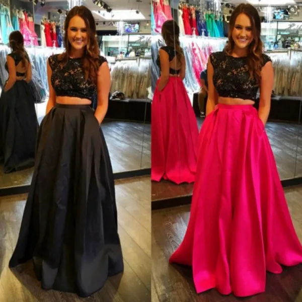 Popular Black Prom Vestidos Longo Duas Peças Vestidos de Festa À Noite Frisada Preta Laço Apliques Top Aberto de Volta Saia Longa com Bolso