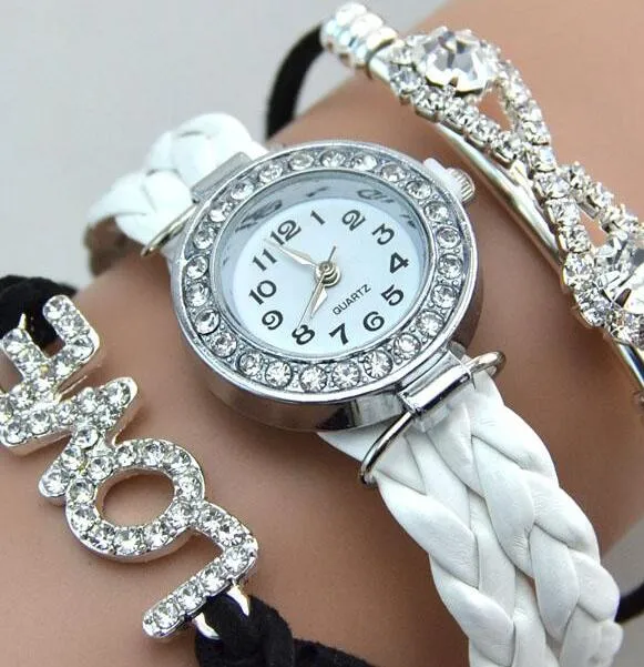 Quarzuhren Love Armbanduhren Leder Love Leder Armbanduhren Damen Kristall Runde Armbänder Charms Uhr DHL