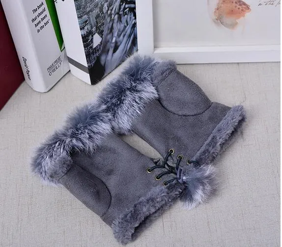 Fashion Women Girl Faux Rabbit Fur Hand Warmer Winter Fingerless Gloves Mittens 