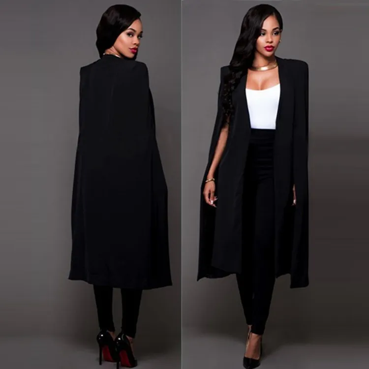 Nowy 2016 Wiosna Jesień Kobiety Plus Size Long Cape Blazers i Kurtki Sexy Black White Runway Cloak Long Sleeve Club Party Party Blazer