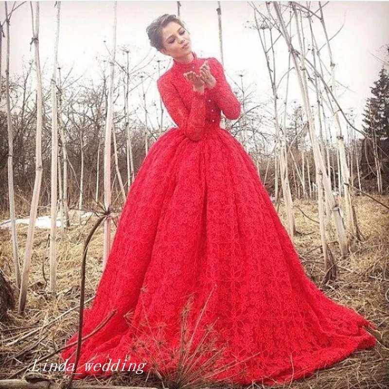 2019 Uzun Kollu Kırmızı Abiye Abiye Dantel Balo Elbise Örgün Nişan Elbisesi Artı Boyutu elbise de soire vestido de dresses longo