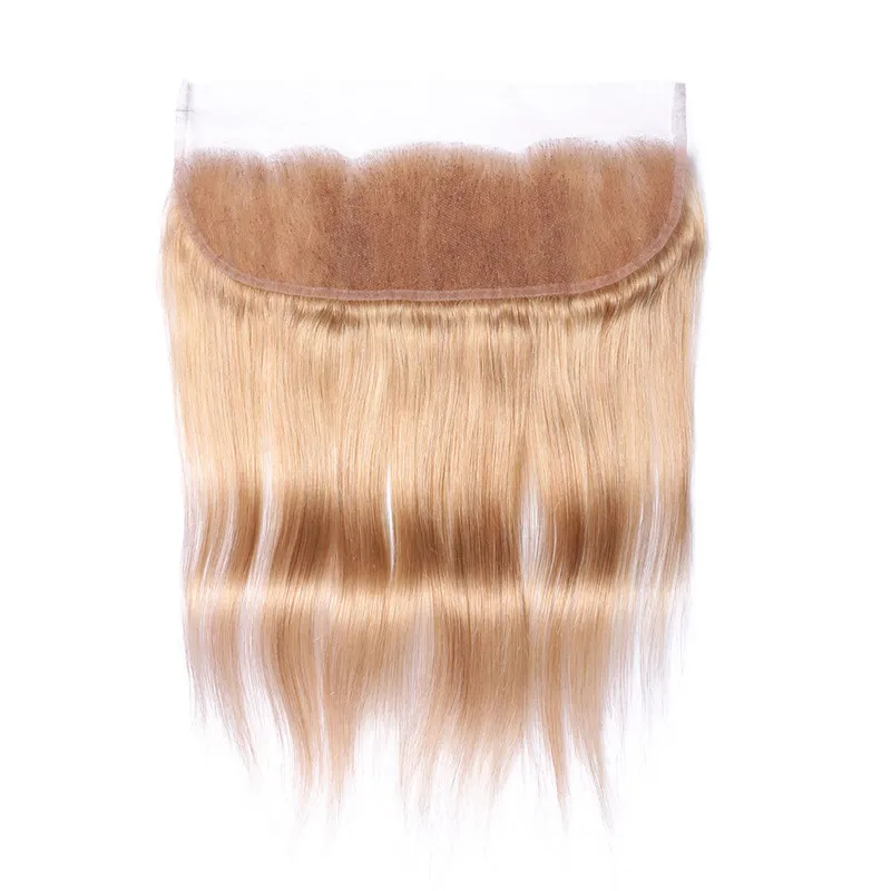 10a Peruwiański Miód Blondynka Koronki Frontal Closure 13x4 Bleached Knotki jedwabiste proste # 27 Blondynka Koronki Frontal Zamknięcie Z Włosami Dziecko