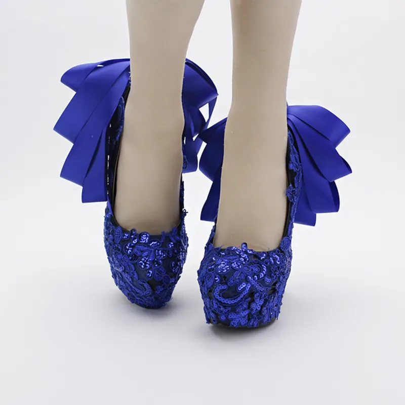 Blue Color Lace Wedding Shoes Sequined Glitter Nightclub Pumps Beautiful Satin Bow Women Prom Shoes Party Blue Dress Shoes222D