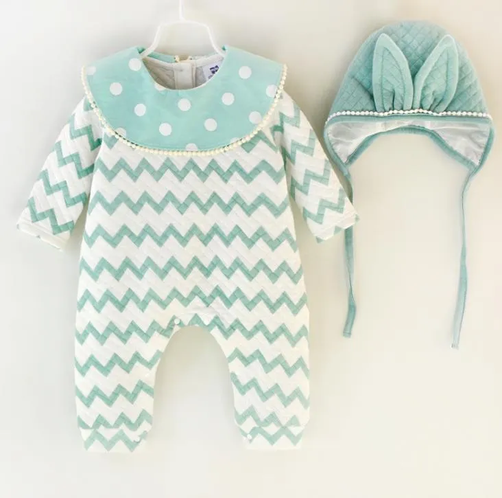Nya spädbarn Baby Cotton Rompers med lock 2st Kläder Set Söta Onesies Dots Stripe Jumpers Bunny Ear Hat Girl Babies Rompers 13470