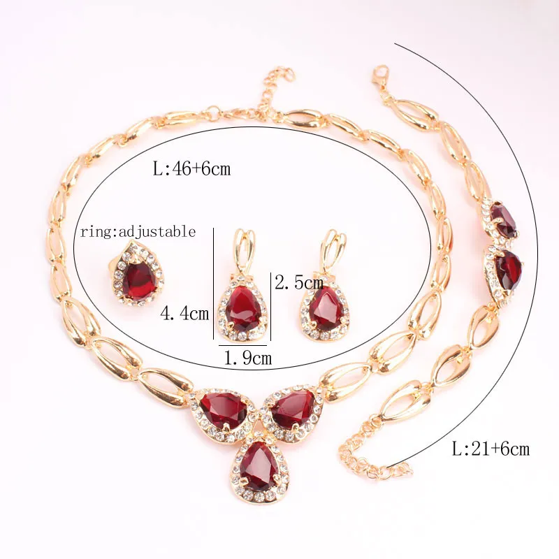 새로운 루비 오스트리아 크리스탈 쥬얼리 세트 목걸이 팔찌 귀걸이 반지 웨딩 파티 의상 jewellry 세트