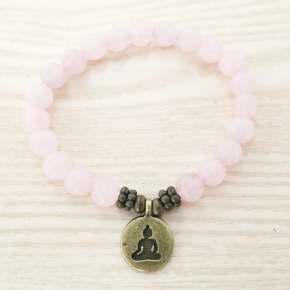 SN1107 Bracciale in vero quarzo rosa in ottone antico Om Buddha Bracciale con ciondolo in loto regalo lei300S