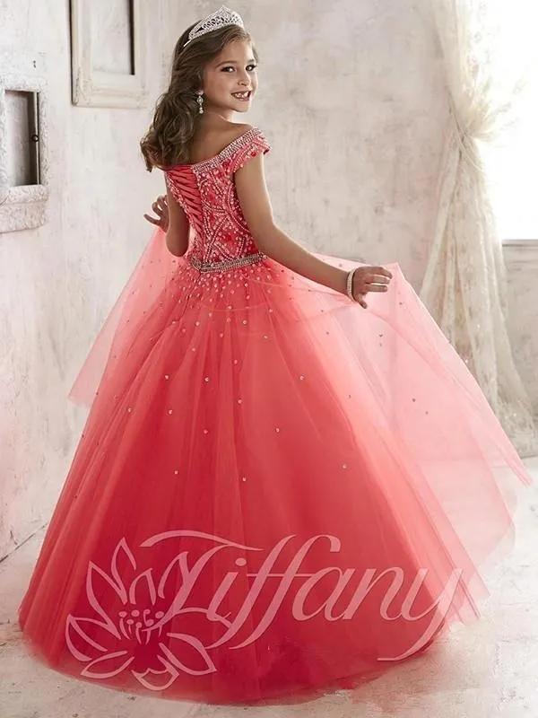 Little Girls Pageant Dresses Wear New Off Shoulder Crystal Beads Coral Tulle Formal Party Dress For Teen Kids Flowers Girls Gowns 5959229