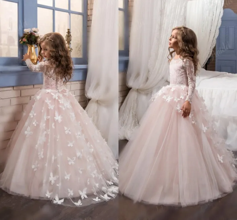 Lace Long Sleeve Ball Gowns Flower Girl Dresses For Wedding 2017 Blush Pink Tulle Applique Girls Pageant Gowns Kid Birthday Party Dresses