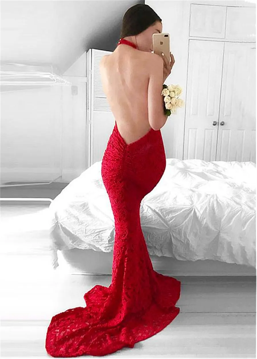 Showy Lace Halter Neckline Backless Mermaid Evening Dresses Red Long Prom Dress vestidos de fiesta baratos