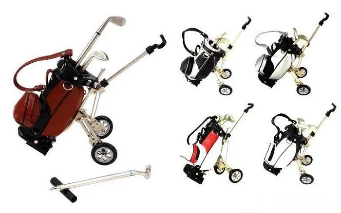 Porte-stylos de golf original avec support pour sac de golf, porte-stylo pour sac de golf de bureau, chariot de golf miniature avec 3 stylos en métal et support pour sac en PU