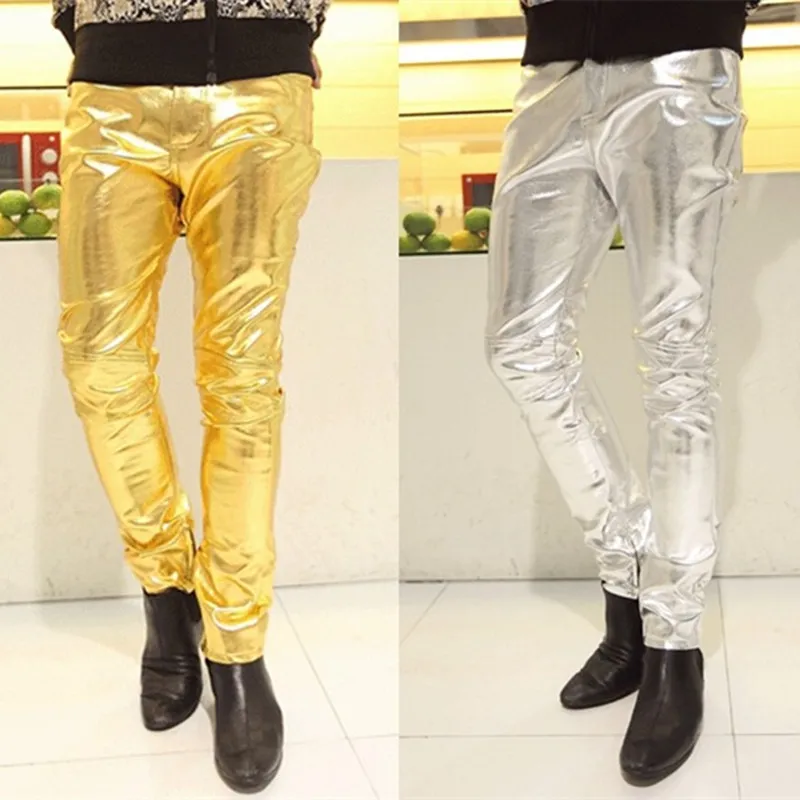 Wholesale-New Mens Skinny Faux PU Leather Pants Shiny Silver Gold Pants Trousers Nightclub fashion Stage Costumes for Singers Dancer Male