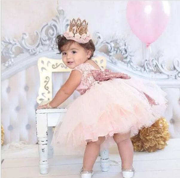 New Arrival Pink Cekiny Kwiat Dziewczyna Sukienka Z Big Bow Tulle Flower Girl Sukienki na ślub