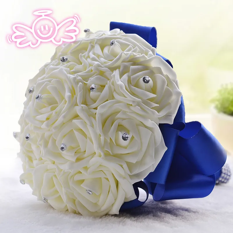 Konstgjorda bröllop buketter nya 16 handgjorda elfenbensblommor Royal Blue Ribbon Wedding Anniversary Bouquet för brudar 18-20cm274f