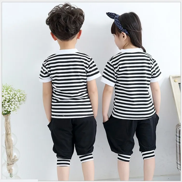 Boys Girls Summer Clothing Sets 2016 New Children 100% Cotton Short Sleeve Stripe T-shirt+Pants Set Kids Sport Casual Suit Child Outfit