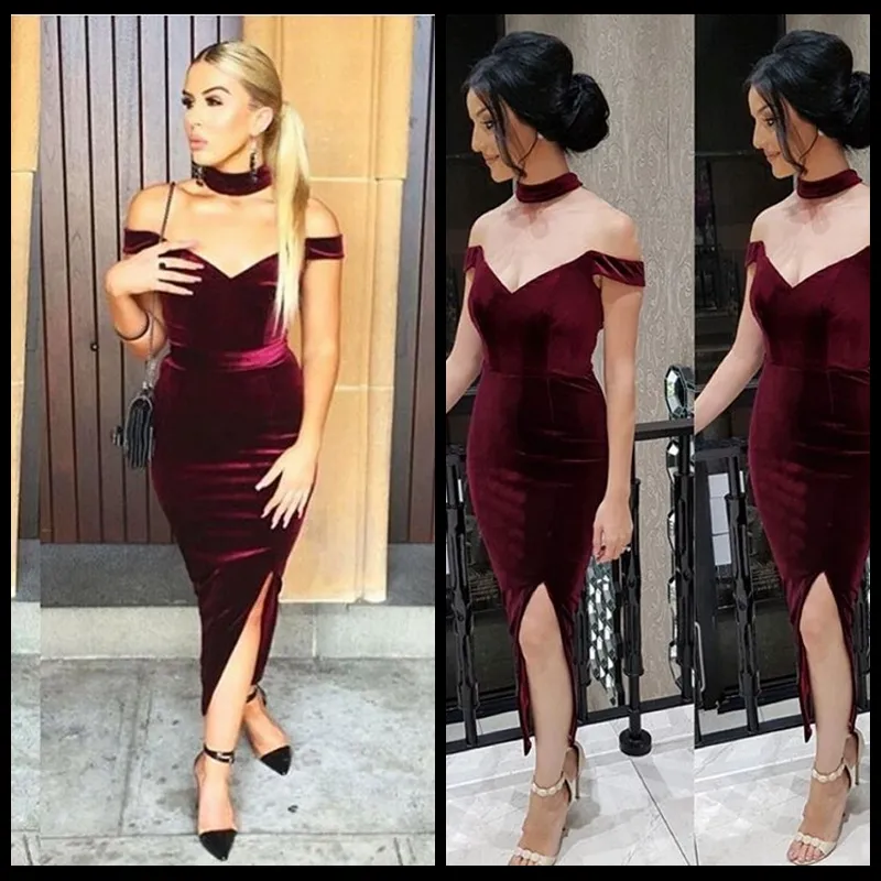 2017 Burgundy Off Shoulder Cocktail Klänningar Sexig sida Split Halsband Tea Längd Prom Klänning Billiga Fast Shipping Arabiska Kvinnor Klänning