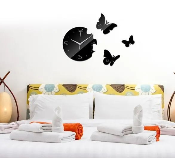 Creative living room butterfly wall clock acrylic clock wall stickers bedroom mirror wall clock acrylic clocks5268595