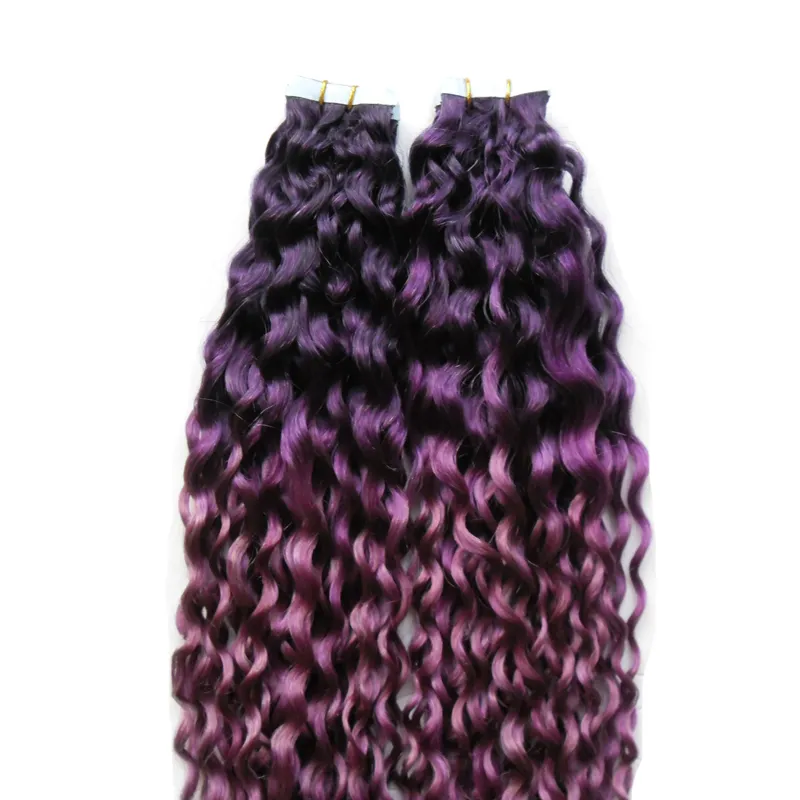 Färg Lila / Rosa Ombre Brasiliansk Hår Kinky Curly Virgin Hair Skin Weft 100g Tape In Human Hair Extensions