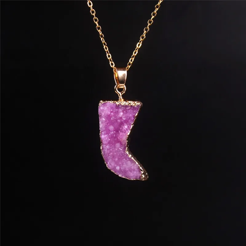 Stylish Choker Necklace for Women Female 2016 Ox Horn Cute Moon Quartz Pendant Real Pink Druzy Necklace Gold Plated Bezel Pendant Necklace