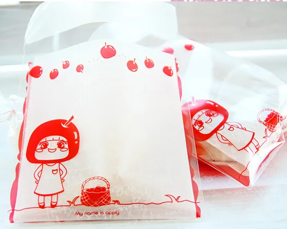 Nouveau pomme rouge petite fille auto-adhésif joint Snack sacs/jolis Biscuits pain Cookie cadeau sac 10x10 + 4 cm