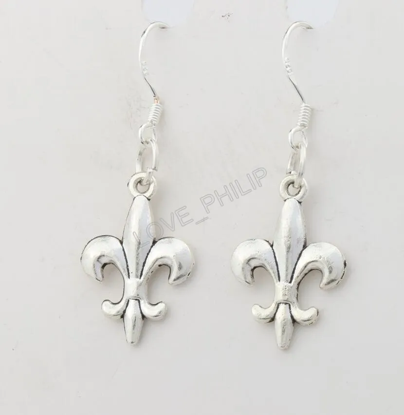 Iris fleur-de-lis blomma dangle ljuskrona örhängen 925 silver fisk öron krok / parti e387 12.5x35mm