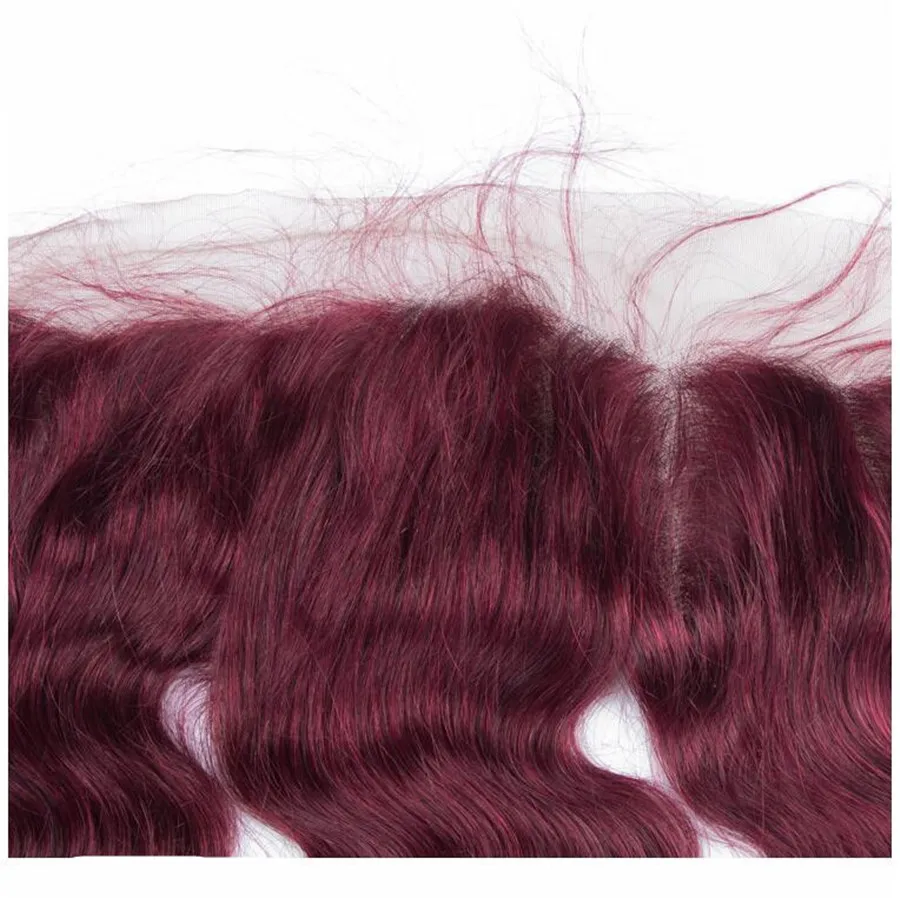 9a Brazylijskie burgundowe włosy z koronkowym czołowym zamknięciem 13x4 cala fala ciała 99J Wino Red Human Hair Bundle z ucha do ucha pełne fron6711308