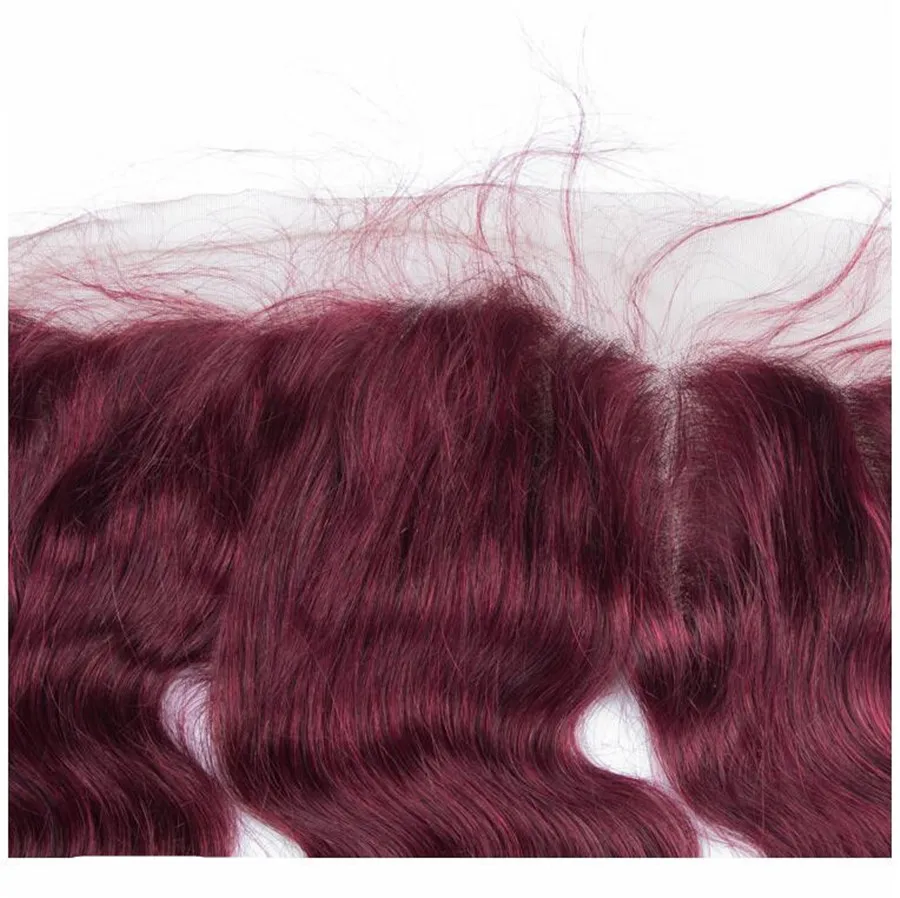 9A capelli bordeaux brasiliani con chiusura frontale in pizzo 13x4 pollici onda del corpo 99J fasci di capelli umani rosso vino con orecchio all'orecchio Fron completo8083100