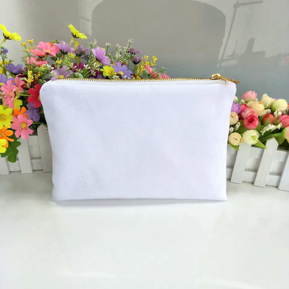 12oz white poly canvas makeup bag for sublimation print with lining white-gold zip blank cosmetic pouch heat transfer203k