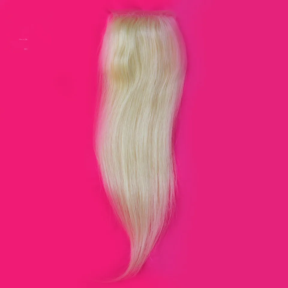 9a Virgin перуанская блондинка 4x4 кружева верхней закрытия отбеленные узлы шелковистой прямой # 613 блондинка кружева передняя закрытие волос части среднего расставания