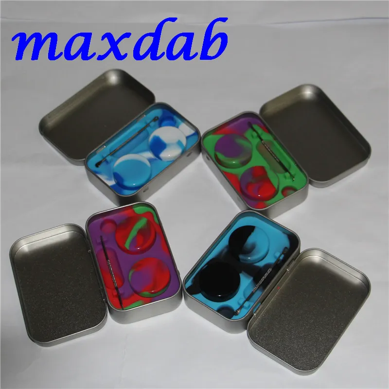 مجموعة حاويات جرة السيليكون مع 1PCS TIN BOX 2PCS 5ML حاويات DAB SILICONE SILICONE لجرار الشمع DABS وأداة الفضة dabber