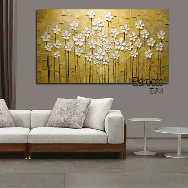 Küçük Beyaz Çiçekler El Boyalı Palet Bıçağı Yağlı Tuval Üzerinde Modern Basit Duvar Sanatı Ev Dekorasyonu1992792