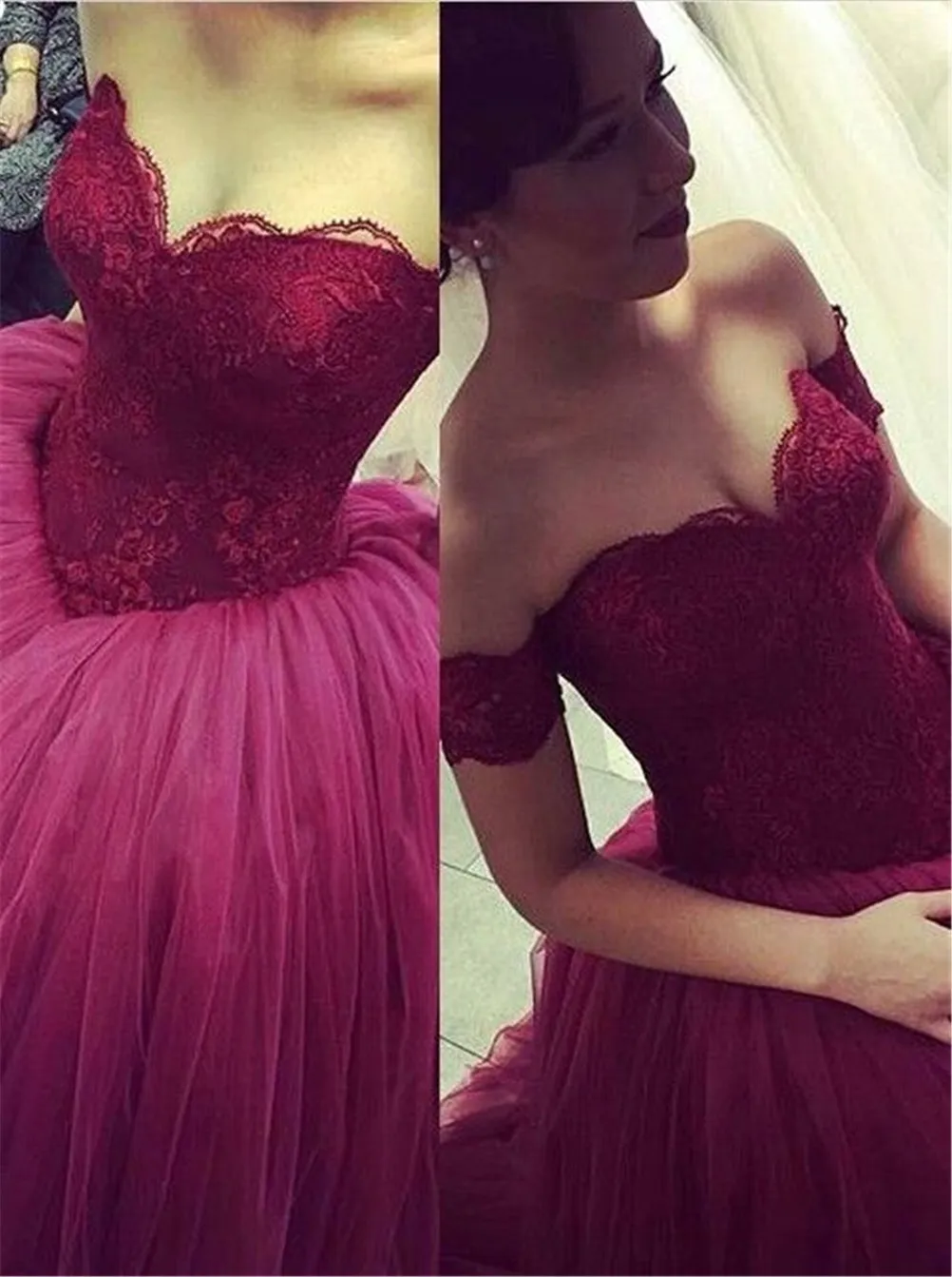 モダンオフショルダーチュールレースQuinceanera Dress 2019プリンセススイープトレインセクシーシックステープドレスヴェスディドデフィエスタバラトス