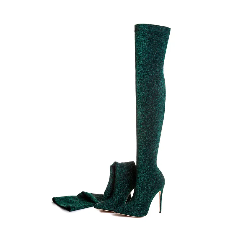 2018 Winter lila grüne Stiefel über dem Knie Oberschenkel hohe Stiefel Bling Bling sexy High Heels Pailletten Tücher Slip-on-Schuhe Frauen plus Größe