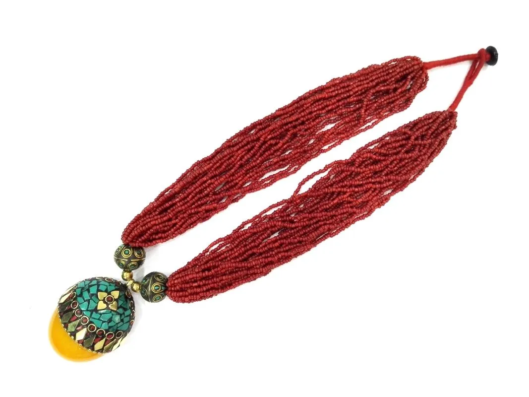 18 '' Ethnic Red Bead Multilayer Naszyjnik Wisiorek Tybetański Kwiat Srebrny Amber Ojzz-0014