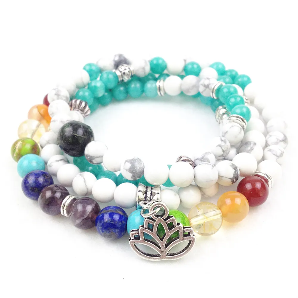 SN0183 Nieuwe ontwerp 108 Mala Kralen Mode Yoga Armband Aquamarine Chakra Lotus Charm Kettingen Gratis verzending