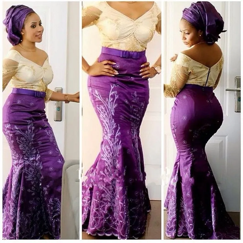 Aso Ebi Style Plus Size Prom Dresses 2017 V Neck Lace Illusion Long Sleeve Mermaid Evening Gowns Purple Satin Formal Party Dresses