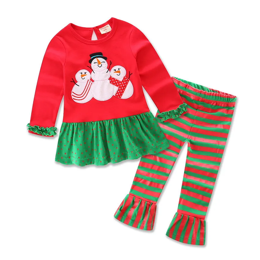 Heißes Weihnachtskleidungsset für Babys, Weihnachtsanzüge, Schleife, Mädchen-Baumwoll-T-Shirts + gestreifte Hosen, 2-teiliges Mädchen-Kleidungsset, Outfits