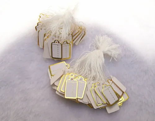 Partihandel Smycken Display 500 stycken Tie-on prislapp Guldmärke Prisetiketter för smycken Butik Ring Armband Bangle Necklace Gratis frakt